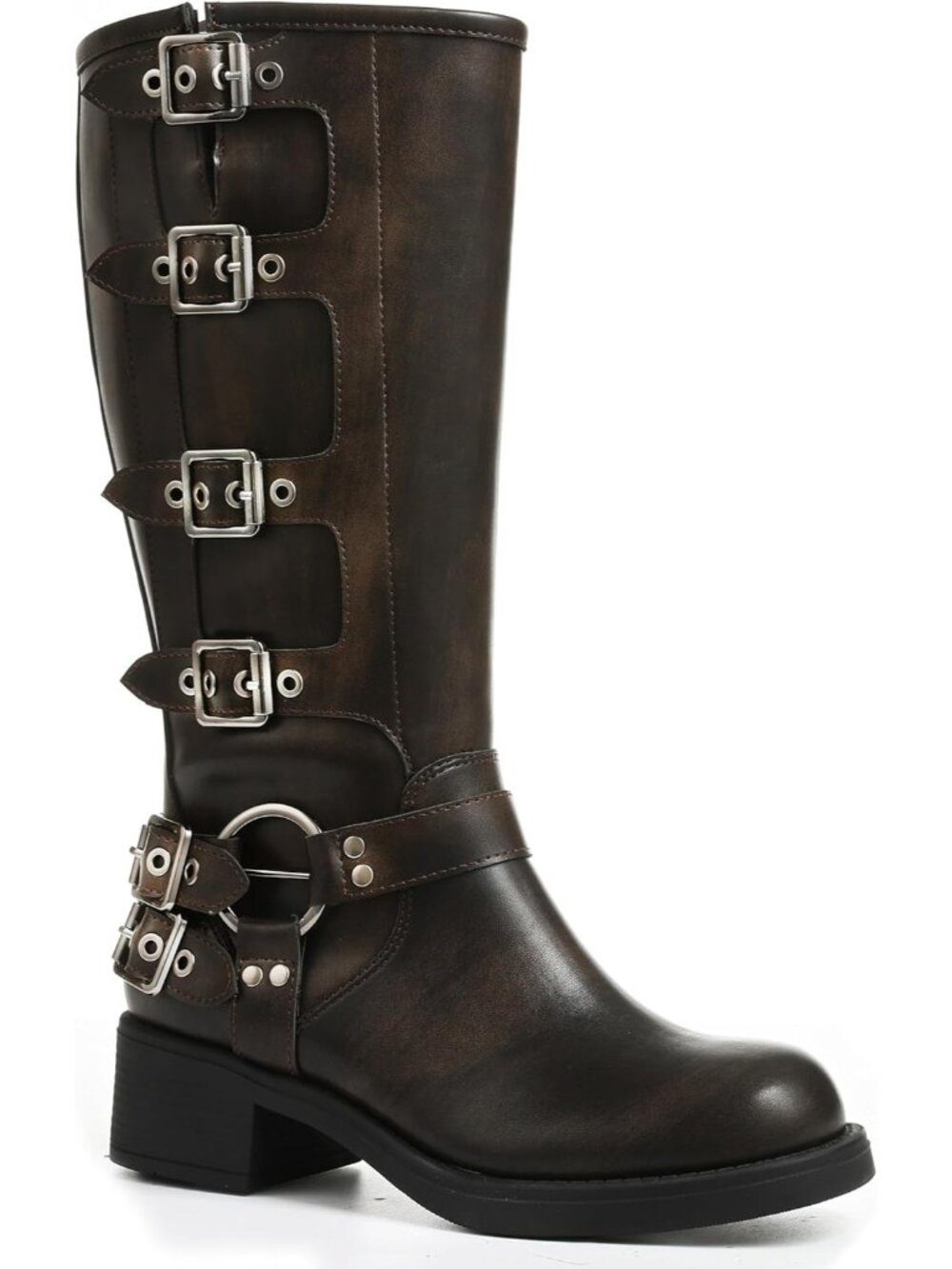 Women's Dark Brown Knee High Boot Square Toe Pull On Wide Calf Buckles Chunky